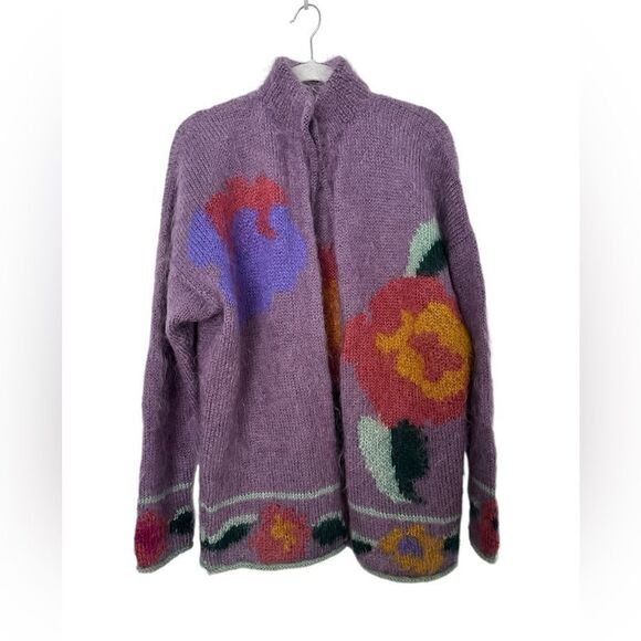 Handmade Vintage Purple  Floral Long  Sweater : Size M - Picture 1 of 9